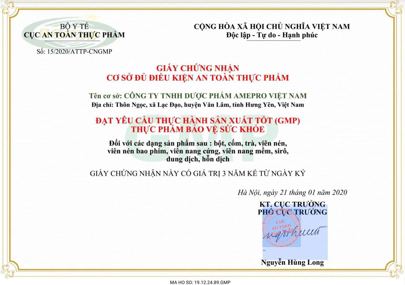 Chứng nhận đạt chuẩn GMP của nhà máy sản xuất Sâm Việt